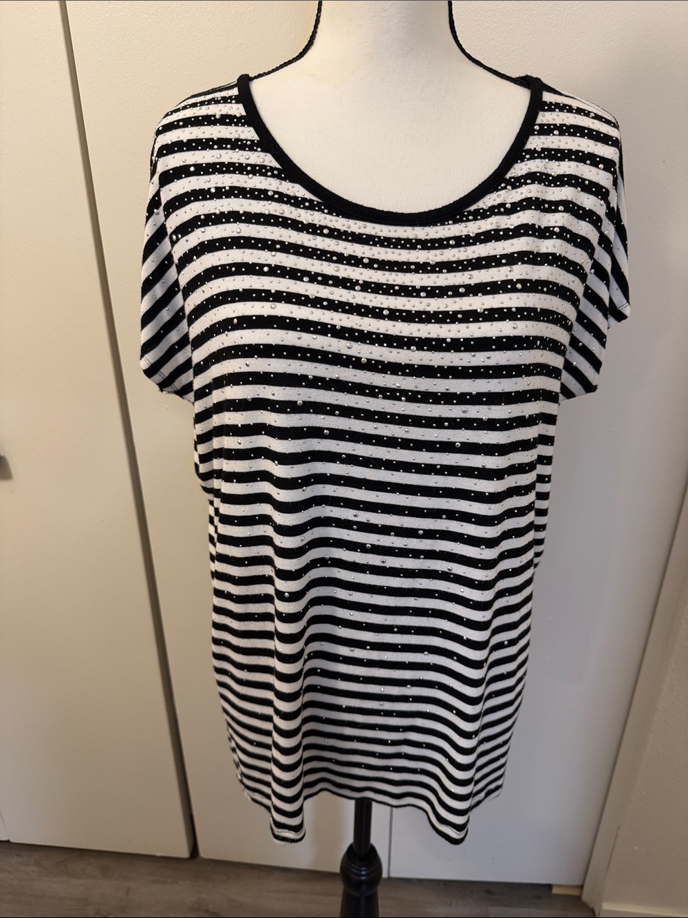 Design History Black & White Striped Short Sleeve Tee with silver accents